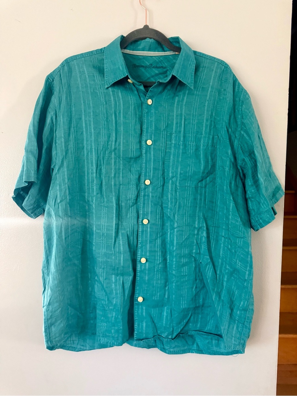 Tommy Bahama Men’s Linen Camp Shirt - Teal Shadow Stripe